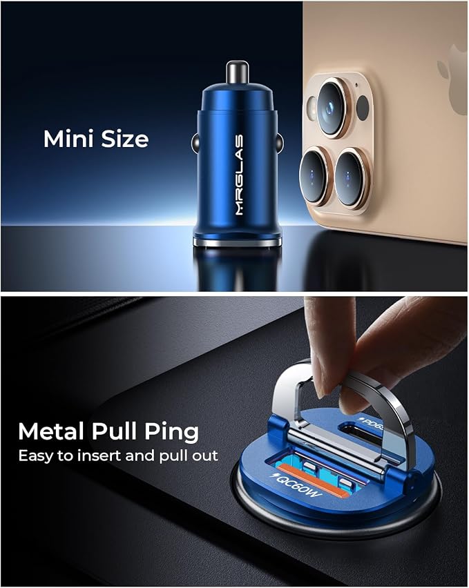 MRGLAS【Upgraded】 125W USB C Car Charger Super Fast Charging for iPhone 16 | [PD65W & QC60W][All Metal] Cigarette Lighter Car Charger,Dual Port for iPhone 16 15 Pro iPad Samsung S25 S24 MacBook-Blue