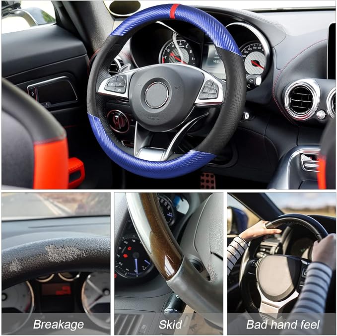 Osilly Car Steering Wheel Cover, 15 inch Anti-Slip Steering Wheel Protector, Carbon Fiber & Microfiber PU Leather Steering Wheel Cover for Women and Men, Universal Fit for Most Vehicles (Blue)