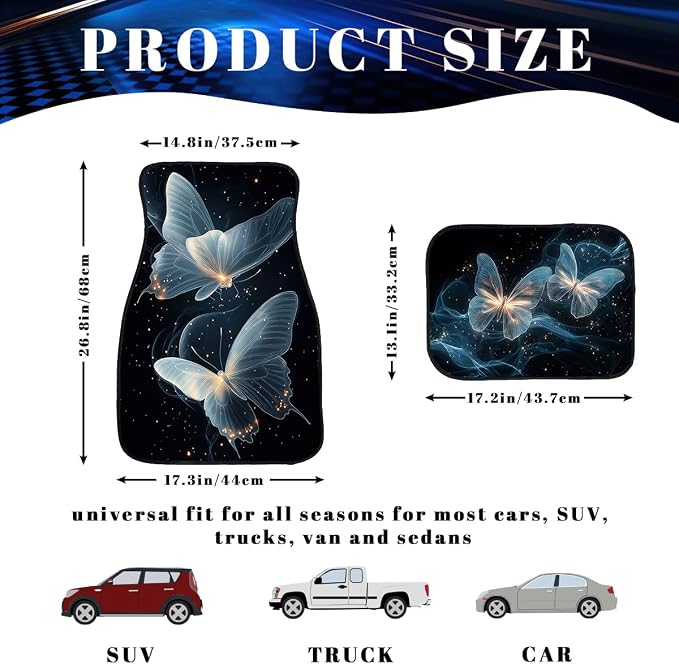 Butterfly Car Floor Mats Set of 4 White Black Glowing Line Art Automotive Car Floor Carpets Non-Slip Auto Car Accessories Universal Fit for Car SUV Truck Van