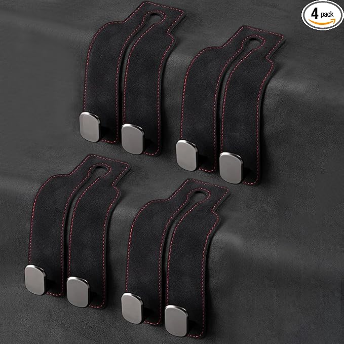 4 Pack Black Leather Car Headrest Hooks Purse Bag Storage Holders for Car Seats