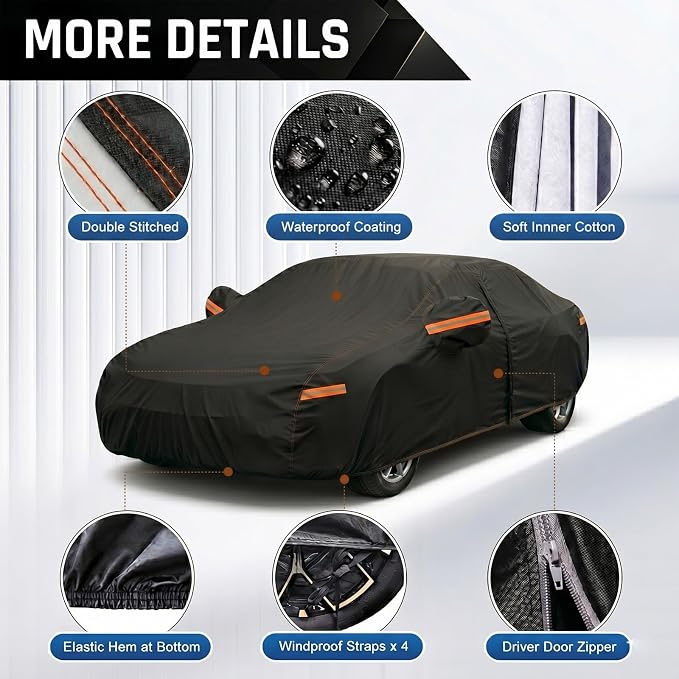6 Layer Heavy Duty Car Cover Waterproof All Weather Size C1 | Common Fits for Nissan Versa, Hyundai Accent, Honda City Insight, Ford Escort Fiesta Sedan, Chevy Sonic Volt