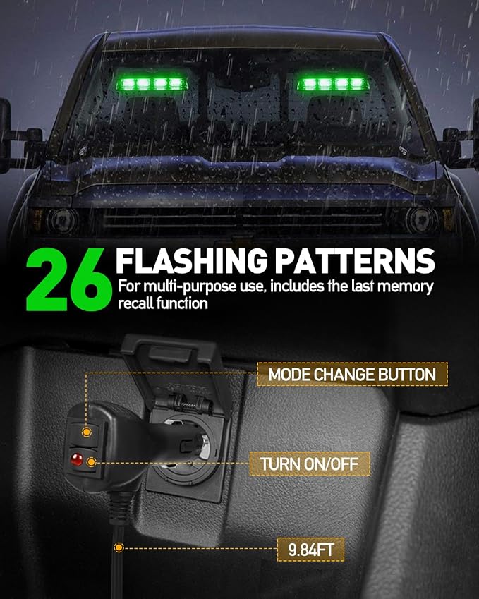 HLauto 2002L Emergency Dash Strobe Lights: Green Safety Lights, Flashing Warning Hazard Windshield Visor Traffic Light Bars for Trucks, Construction Vehicles (2x8.5 inch, 48LED)