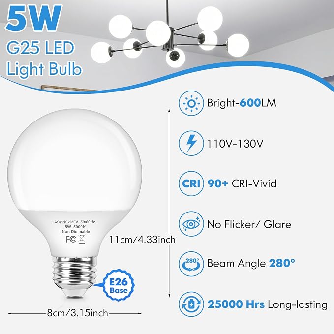 Brightever G25 Globe Light Bulbs 60 Watt, 5W 5000K Daylight White LED Vanity Light Bulbs, E26 Base Bathroom Light Bulbs Over Mirror, Non-Dimmable Round Light Bulb, 600LM, 8-Pack