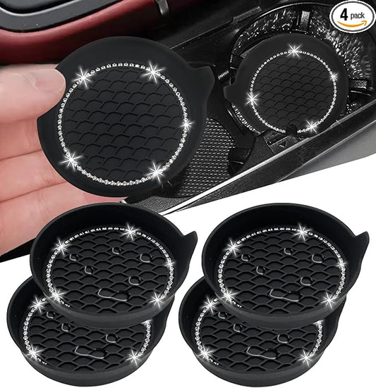 NBTEPEM 4PCS Bling Car Coasters, Non-Slip Insert Water Bottle Holder Pads, Bling Crystal Rhinestone Dustproof Automotive Interior Accessories, Universal for Vehicles, Trucks, RVs (4 pcs, Black)