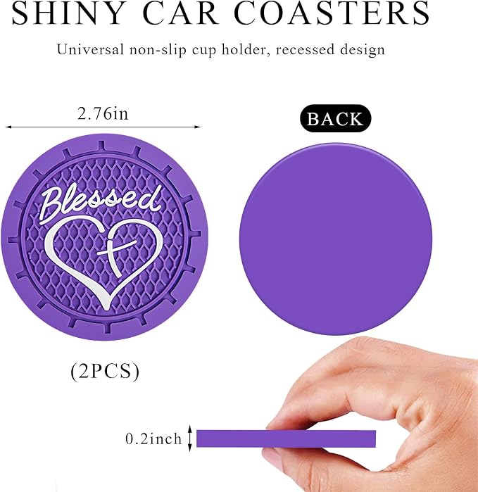 KVAEY 2 PCS Car Cup Holder Coasters, 2.76 Inch Anti Slip Vehicle Drink Mats with Cute Blessed Cross and Heart, Shockproof, Universal Car Accessories (Purple, 2 PCS)