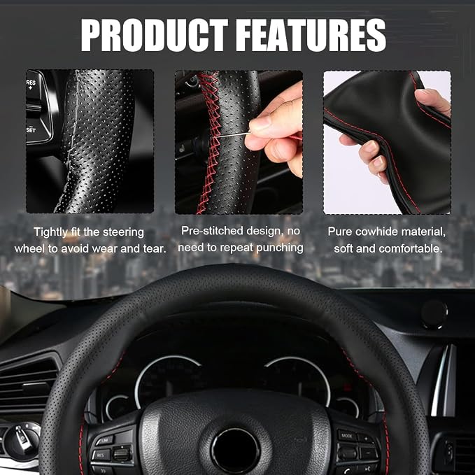 Wevdn Genuine Leather Steering Wheel Cover, Stitch on Wrap, DIY Sewing Steering Wheel Protector, 15 Inch Breathable Non-Slip Steering Wheel Protector, Car Accessories (Beige, Middle Hole)