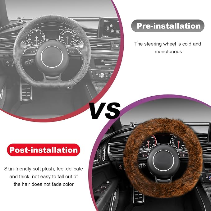 Fluffy Steering Wheel Cover, 15 Inch Anti-Slip Microfiber Plush Fuzzy Steering Wheel Cover, Winter Warm Elastic Fuzzy Steering Wheel Covers for Women and Men, Car Accessories (Brown)
