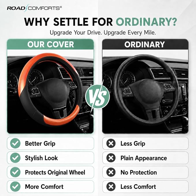 Road Comforts Steering Wheel Cover – Breathable Leather Steering Wheel Cover, Anti-Slip Grip, Universal Fit 14.5” to 15”, Heat & Cold Resistant for Cars, SUVs, and Trucks – Black & Shining Orange