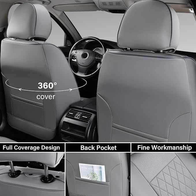Coverado Tacoma Seat Covers Full Set, Faux Leather Car Seat Covers Custom Fit for 2005-2023 Toyota Tacoma Double & Crew Cab SR SR5 Limited TRD Sport/Pro/Off Road Toyota Tacoma Accessories (Gray)