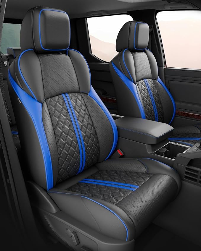 Custom Seat Covers for Tacoma 4th Gen 2024 2025 2026 Double Cab SR5/TRD Sport/TRD Off-Road/SR Full Set with Console Covers, Waterproof Leather Back and Front Seat Protectors Black Blue