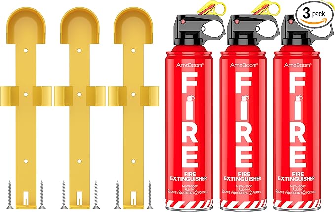 AmzBoom Fire Extinguishers Water-based for Home Kitchen, Car, & Boat 3 Pack–Portable Small Fire Spray with Mounting Brackets–A,B,C,K Multi-Purpose Fire Protection, Eco-Friendly, Compact & Easy to Use.