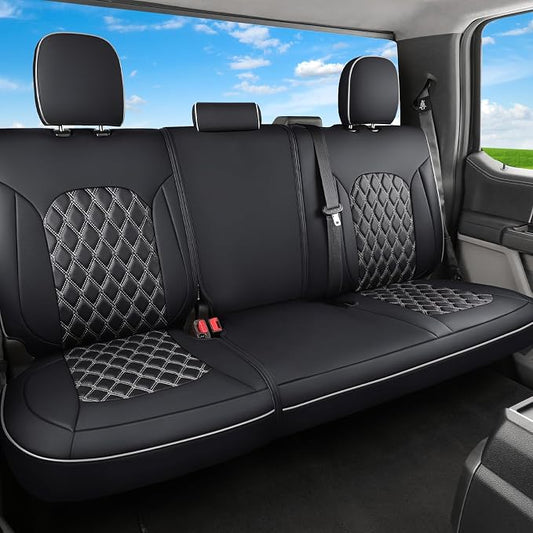 Huidasource Rear Car Seat Covers Fit for Toyota Tacoma 2016-2023 Double & Crew Cab SR SR5 Limited TRD Sport/Pro/Off Road, Split Rear Bench Back Row Leather Seat Cover (Back Row/Black&White)