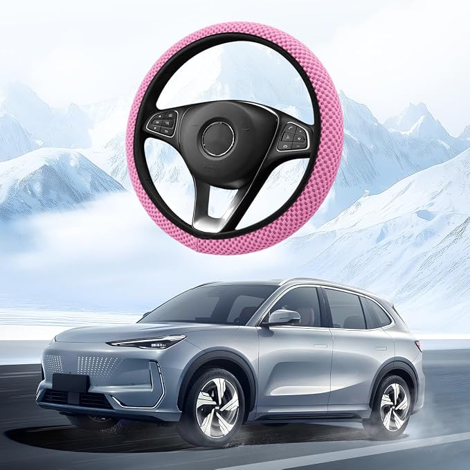 Car Elastic Stretch Steering Wheel Cover, 14.5-15" Breathable Ice Silk Anti-Slip Vehicle Steering Wheel Protector, Comfy Auto Interior Protection Accessories, Universal Fit (Pink)