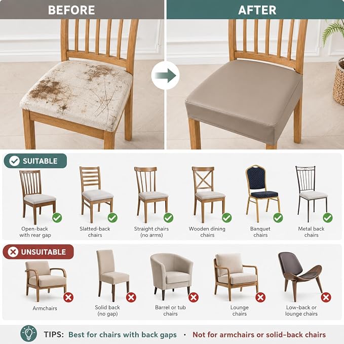 NILUOH Waterproof Seat Covers for Dining Room Chairs Set of 8, Pu Leather Chair Seat Slipcovers Dining Chair Cover Removable Washable Chair Protctor Cover, Rear Covers (PU-Taupe)