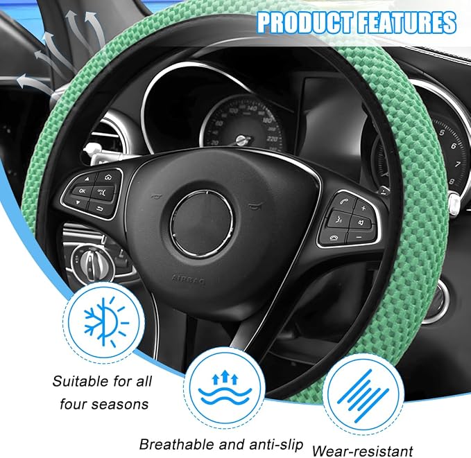 Car Elastic Stretch Steering Wheel Cover, 14.5-15" Breathable Ice Silk Anti-Slip Vehicle Steering Wheel Protector, Comfy Auto Interior Protection Accessories, Universal Fit (Green)