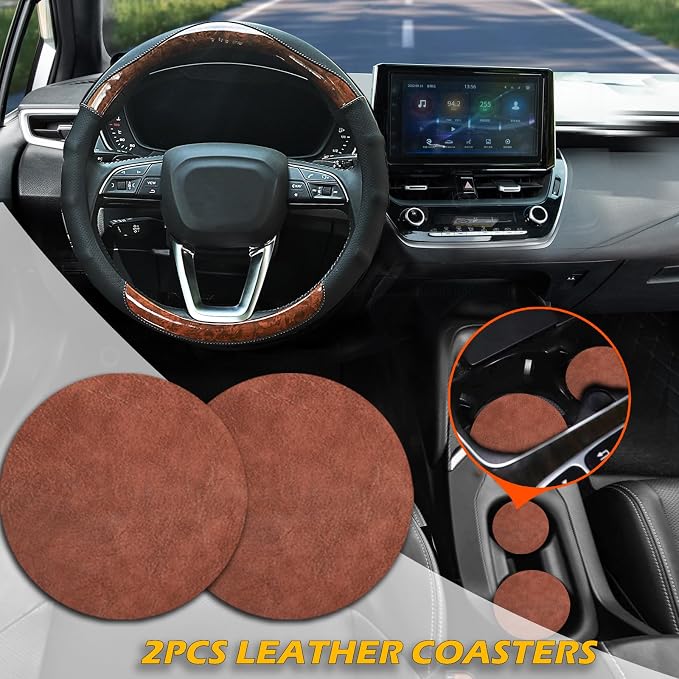 Wood Grain Steering Wheel Cover Car Steering Wheel Covers 14.5-15 inch with Coasters Microfiber Leather Splicing Breathable Anti-Slip Durable Universal Auto Steering Wheel Protective | Black and Wood Car Steering Wheel Covers Leather Microfiber Splicin...