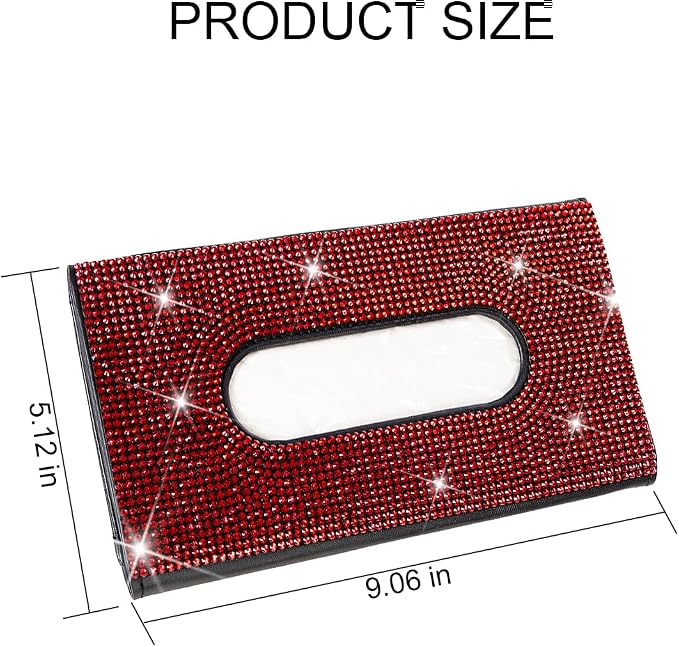 Bling Car Tissue Holder for Sun Visor, Crystal Rhinestone Leather Vehicle Paper Towel Case, Glitter Diamond Auto Napkin Clip Accessories for Women, Universal for SUV, RV, Truck (Red/Black)