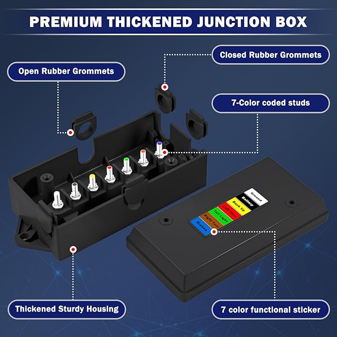 CheeMuii 7 Way Trailer Junction Box Weatherproof 7 Pin Trailer Wiring Box 7 Color-Coded Electric Wires Connection Box for RV Camper Trailer Light Rewiring