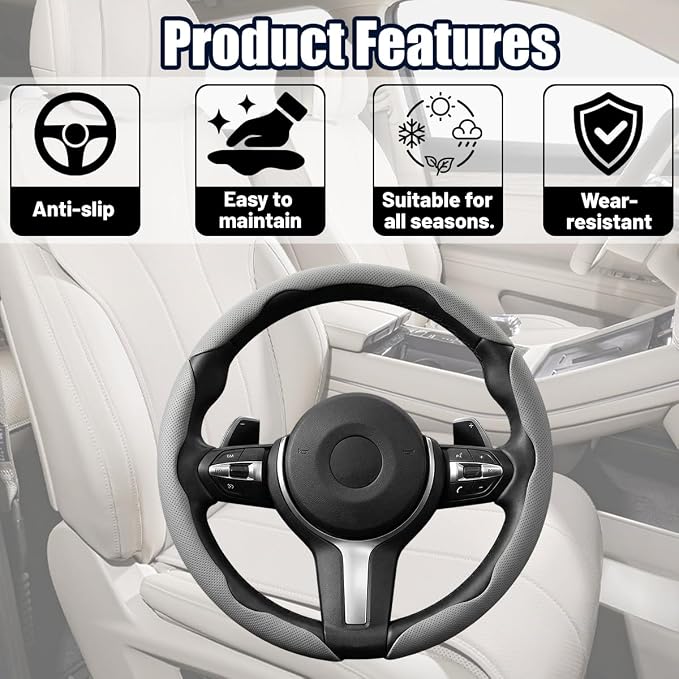 3PCS Car Steering Wheel Cover, 14.5-15" Breathable Nappa Leather Segmented Steering Wheel Protector with Non-Slip Grip, Stylish Auto Interior Decor Accessories, Universal for Vehicles (Gray)