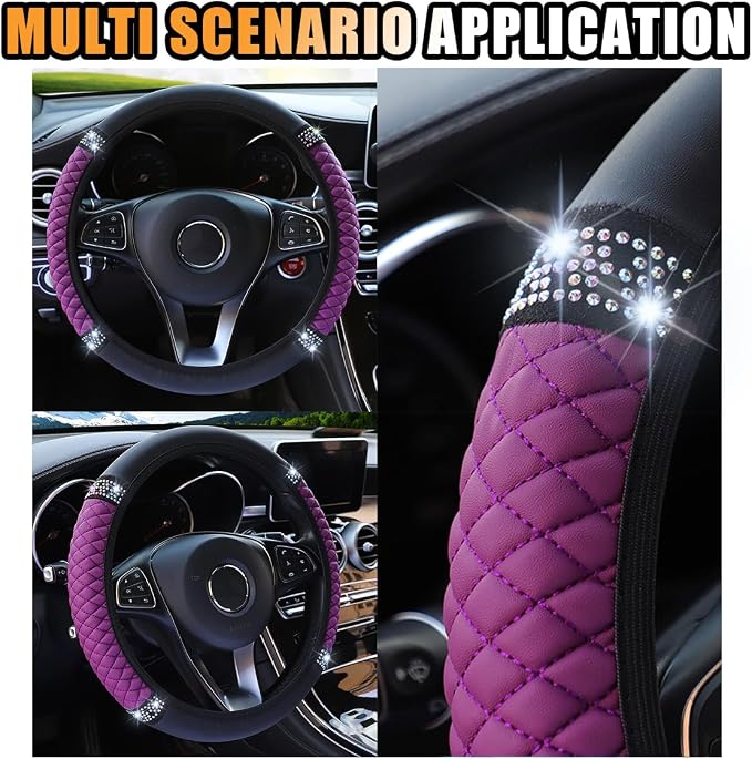 JOYCOURT 15 Inch Bling Soft Leather Car Steering Wheel Cover, Purple | Colorful Rhinestones Design, Auto Elastic Protector for Women Girls, Crystal Diamond Car Accessories for Most Cars, SUVs