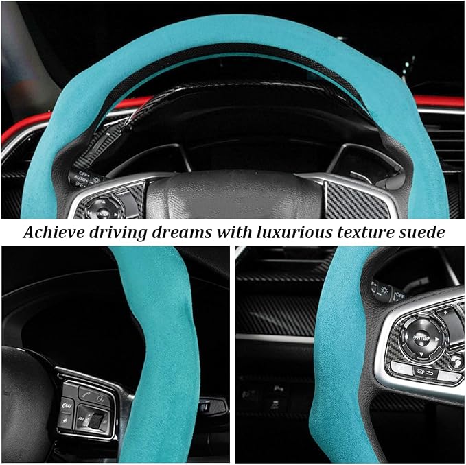 Car Steering Wheel Cover, Soft Brethable Suede Non-Slip Vehicle Steering Wheel Protector, Comfortable Sporty Auto Interior Protection Accessories, Universal for Truck SUV Van (Sky Blue)