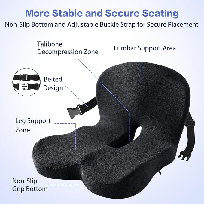 Back and Seat Cushion for Office Chair, Black | Wide ergonomic memory foam, coccyx cutout & adjustable straps, tailbone & back relief, non-slip for car, home & gaming