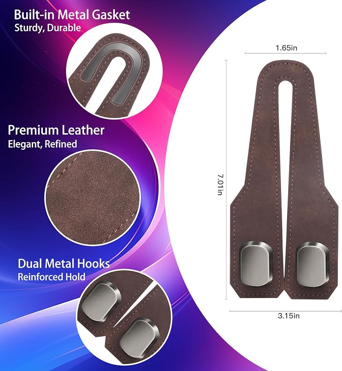 2Pcs Car Headrest Hooks with Premium Leather, Upgraded Double Metal Hooks with Anti-Drop Design, Universal Back Seat Hanger for Bags, Coats, Purses and Groceries (Stylish Brown)