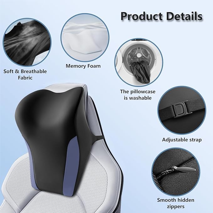 BABUR Car Headrest Pillow, Ergonomic Neck Support for Driving Seat 1 Pcs | Blue,100% Memory Foam,Universal Fit,Softness,Adjustable Strap,Breathable Removable Cover,Car Rest Pillow for Pain Relief