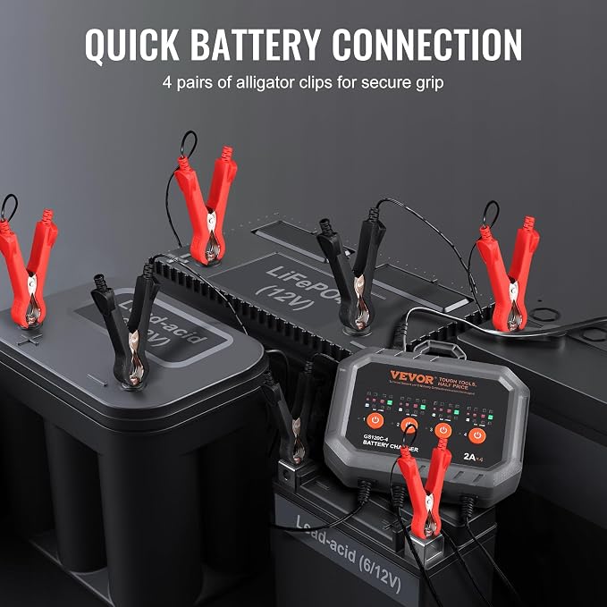 VEVOR Smart Battery Charger, 2A x 4, LiFePO4 Lead-Acid (AGM/Gel/SLA) Car Battery Charger, Fully-Automatic Charger Maintainer Desulfator for Boat Motorcycle Lawn Mower Golf Cart Marine Deep Cycle