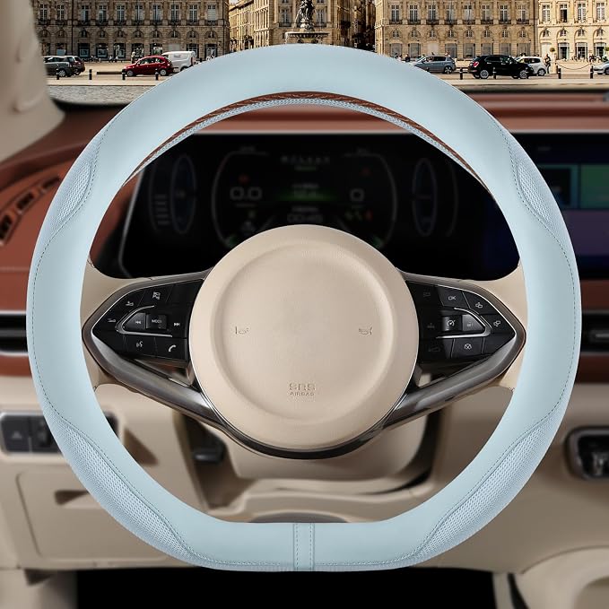 Nappa Leather Blue D Shaped Steering Wheel Cover 15 inch | Non-Slip Breathable Microfiber Leather Ice Silk Fabric, Warm in Winter and Cool in Summer Universal 14.5 inch to 15 inch