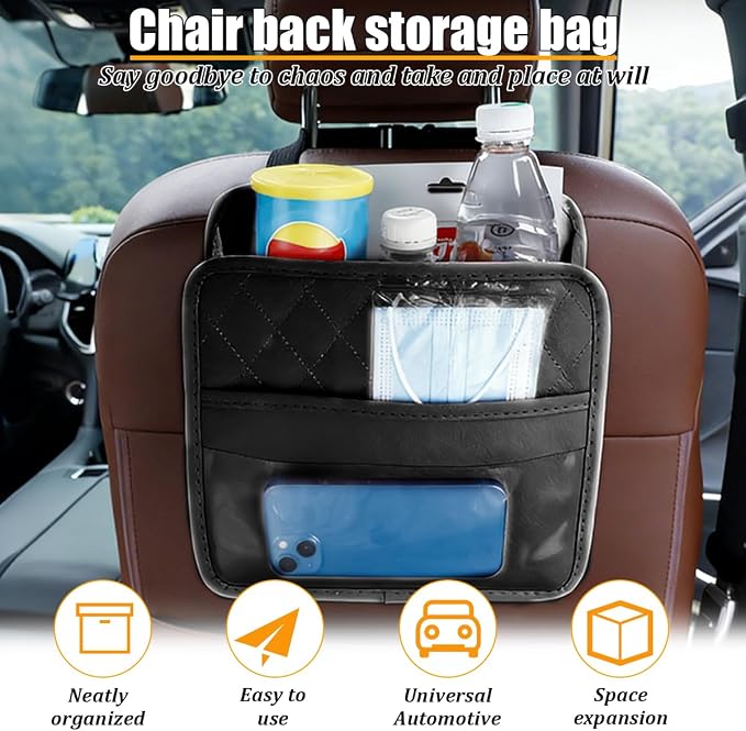 Car Seat Back Organizer, Leather Multipurpose Automotive Hanging Storage Bag Pockets, Vehicle Interior Backseat Trash Bag Can Organizer Accessories, Universal for Most Cars (Black)