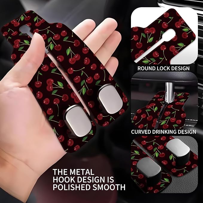 Car Seat Back Storage Headrest Hook, Premium Leather Double Metal Hook, Hanger Storage Organizer for Purse Cloth Bag, Car Interior Accessories Black Red Cherry