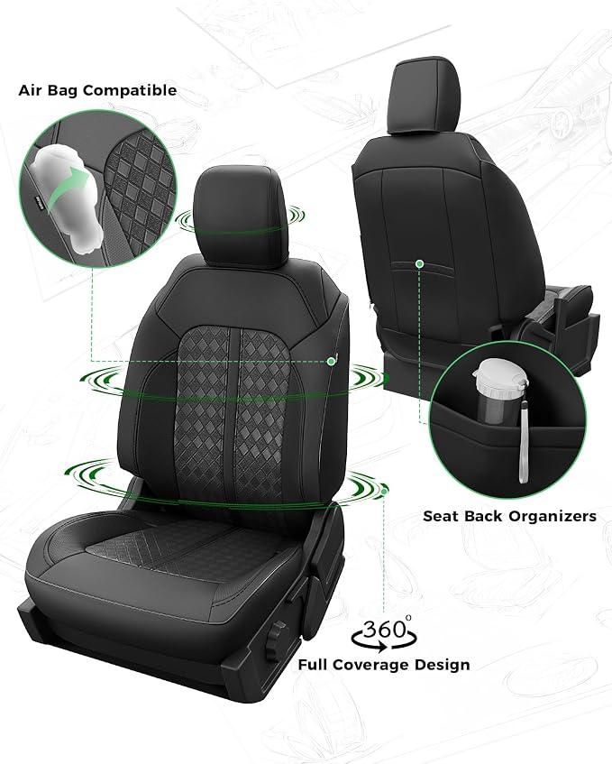 Custom Fit Leather Seat Covers for 2021-2026 Ford Bronco 4 Door | OEM fit, premium waterproof leather, full coverage, anti-slip, storage pockets, long-term durability, airbag compatible