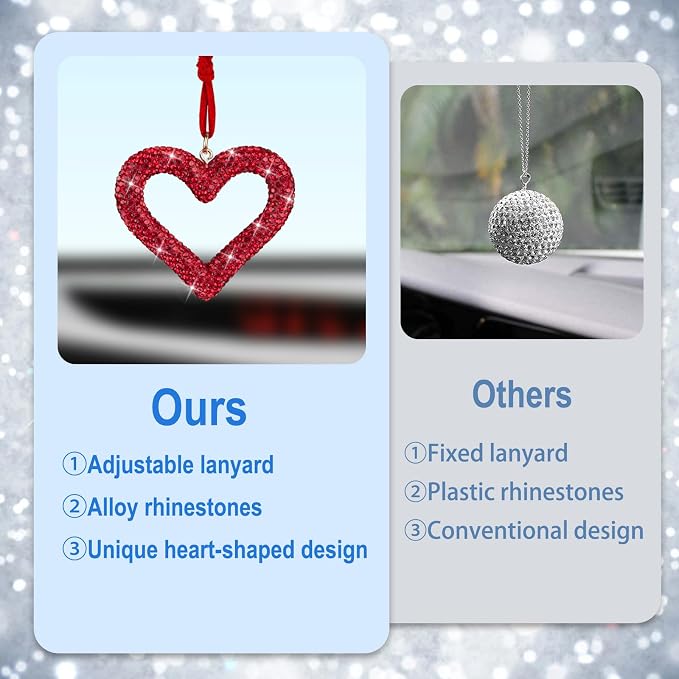 Bling Heart Car Hanging Accessories, Car Accessories for Women, Bling Rear View Mirror, Universal Bling Heart Diamond Car Accessories for Cars, Trucks, SUVs (Wine Red)