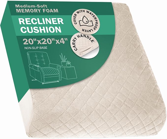 Medium-Soft 20x20x4 Memory Foam Recliner Chair Seat Cushion for Long Sitting - Armchair Pad with Washable Velvety Cover with Waterproof Layer & Non-Slip Base for Seniors & Elderly - Beige