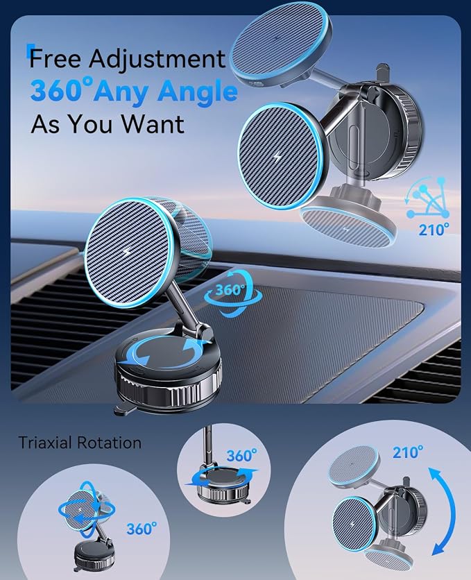 ILOUYU iPhone Car Mount Charger [15W Fast Wireless Charging, 120+ LB Strongest Suction & 2800gf Strongest Magnetic] 360° Adjustable Car Phone Holders for Your car, for iPhone 17 16 15 14 13 12 Series