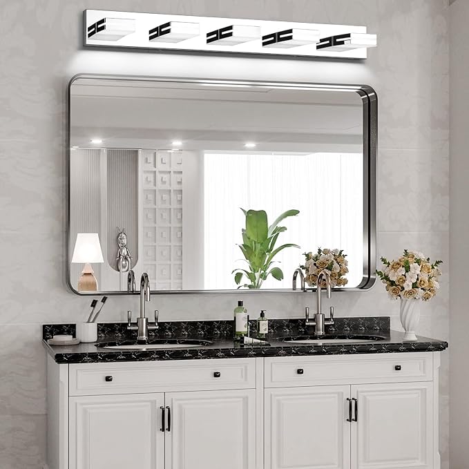 SineRise LED Modern Bathroom Vanity Light Fixtures (5-Light, 40-Inch, Dimmable), Chrome Modern Acrylic Bathroom Wall Lighting Fixtures Over Mirror (Cool White 6000K)