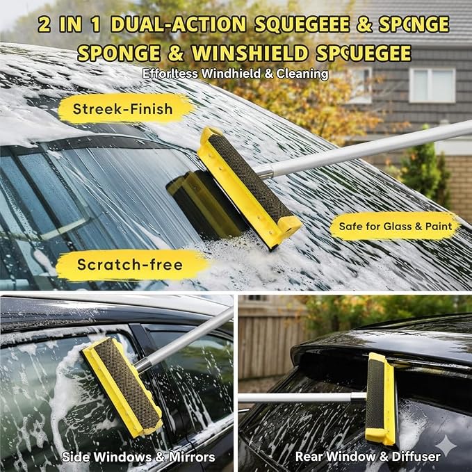 18FT Reach Car Wash Brush with Long Handle, Car Wash Kit with 4.6-12 Telescoping Pole, 20L Collapsible Bucket, Microfiber Cleaning Mop, Mitt, Window Squeegee for RV Truck SUV Boat Solar Pane Washing