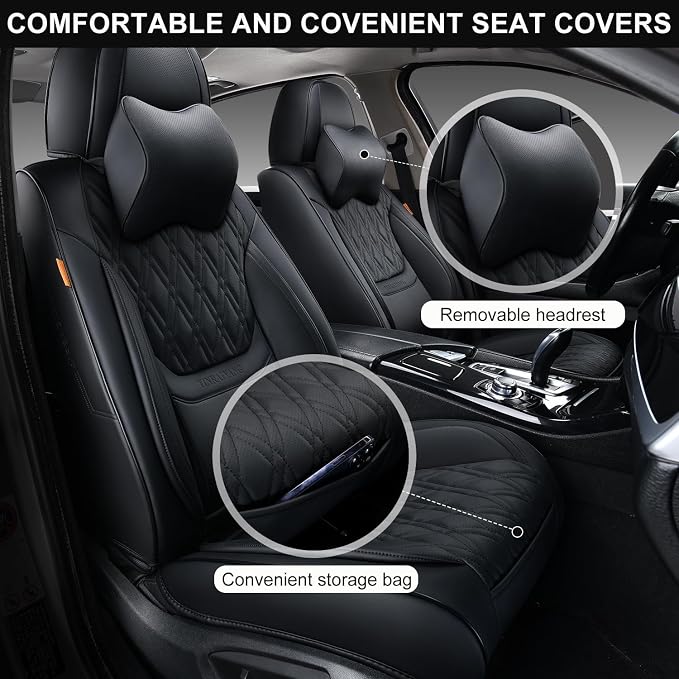 Black Car Seat Covers Full Set, Breathable Leather Automotive Front and Rear Seat Covers & Headrest, Universal Automotive Vehicle Seat Cover for Most Sedan SUV Pick-up Trucks