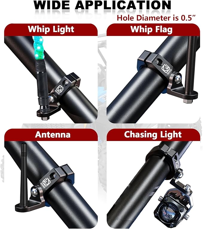 VAZESWIN 2PCS UTV Whip Light Mounts, LED Light Bar Mounting Brackets, Black | Sturdy Aluminium Alloy, CNC Machining, 360° Adjustable Off-Road Whip Flag Mounts for 1.5"/1.65"/1.75"/1.85"/2" Roll Cage Bars