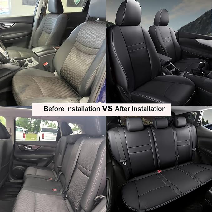 AOMSAZTO Custom Fit Seat Cover for Nissan Rogue Regular 2014-2020 | (Not for Hybrid &Sport) 2014 2015 2016 2017 2018 2019 2020 Full Set Faux Leather Rogue Seat Cover Protector Black