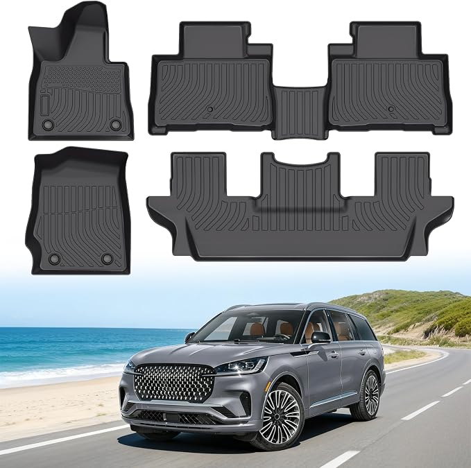 Floor Mats for Lincoln Aviator 6 Passenger 2020-2025 (Not Fit for 7-Seat) | Custom Fit Heavy Duty TPE All Weather Protection, Waterproof Non-Slip Black Car Liners (Three-Row Floor Mats)