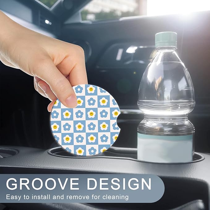 Retro Checkered Groovy Car Cup Coaster 2 Pack,70s Smiling Daisy Absorbent Ceramic Coaster for Women Men,Drink Car Cup Holders Interior Assecories,Universal 2.56" with Finger Notch & Cork Base