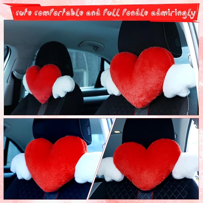Macarrie 2 Pcs Plush Heart Shaped Pillow with Angel Wings Car Headrest Soft Comfortable Seat Pillow for Driving Travelling Room Office Car Decor, 19.7 x 8.3 Inch(Red)