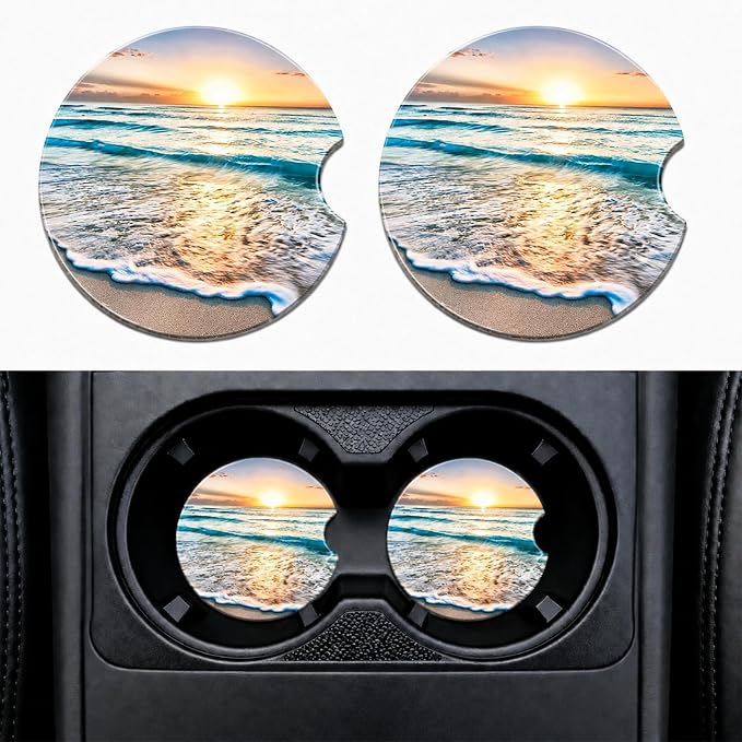 2Pack Car Cup Holder Coasters Absorbent Ceramic Coaster 2.56" for Women & Men Wave Beach Sunset Car Accessories