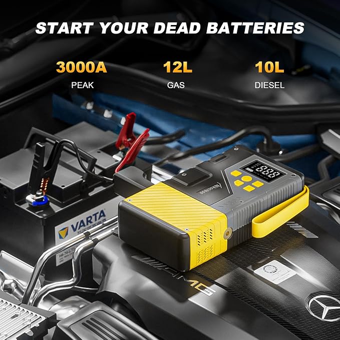 Portable Car Jump Starter with Air Compressor Tire Inflator Battery Jumper | Jump Box 3000A Peak and 150 PSI Air Pump ,for 12L Gas & 10L Diesel Engines,LCD Display,LED Light