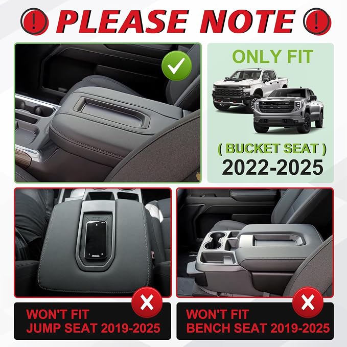 Muslogy Center Console Armrest Cover Fit for Chevy Silverado & GMC Sierra 1500 2500 3500 2022-2026 Accessories, Comfort Armrest Pad Console Lid Cushion Vegan Leather 1-Inch Extra Thick(Bucket Seat)