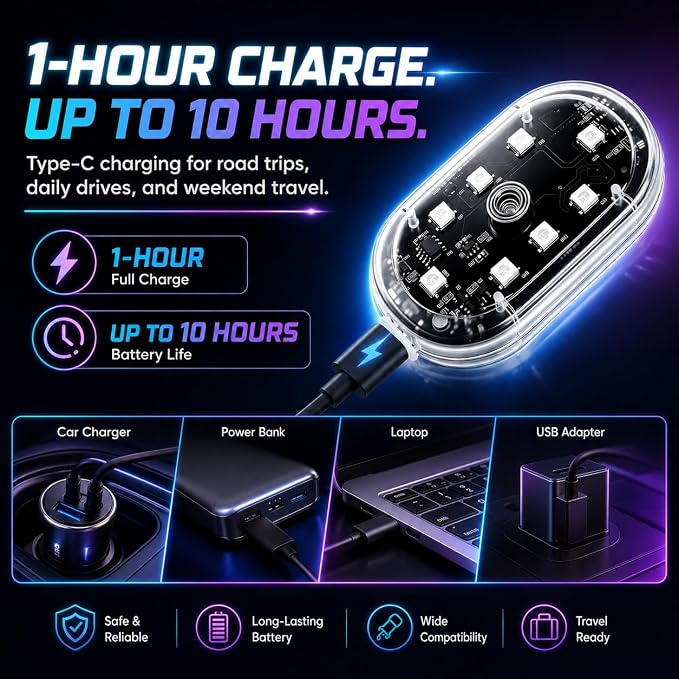 Magnetic LED Interior Car Lights, 8 Colors RGB Wireless Ambient Nightlight | USB Rechargeable Strobe Lighting with Remote & Touch Control, Vehicle Decor for Footwell Door Dash Glove Box – Car Truck SUV