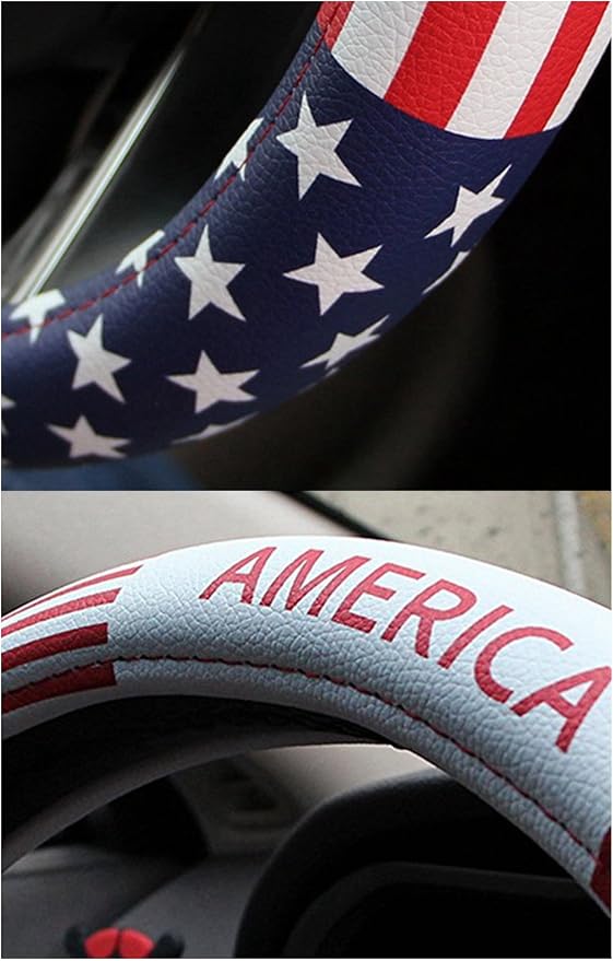 Dotesy Leather Auto Steering Wheel Cover, Fashion Flag Style Car Steering Wheel Cover Protector Universal for 36.5-38cm (American Flag)