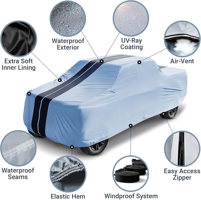 iCarCover Premium Plus Truck Cover Waterproof All Weather Rain Snow UV Protection Full Car Covers, Ram 1500, 2500, 3500, Mega cab 6'4" Standard Bed, Size T89 (See Size Chart) Stripe - Gray/Black